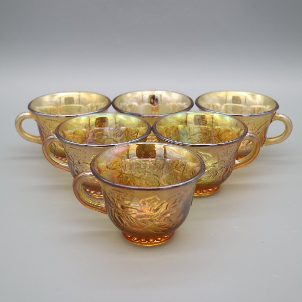 Vintage Indiana Glass Marigold Iridescent Carnival Glass Punch Bowl Cups Set 6
